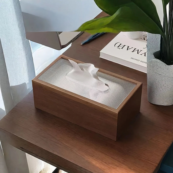 Black Walnut-Pattern Wooden Tissue Box with Paper Drawer — Brown