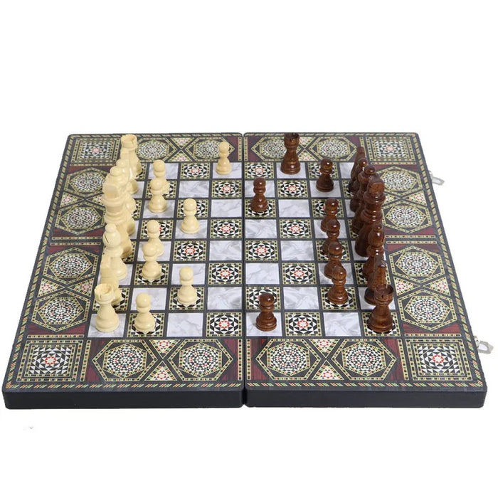 Luxury Knight 3-in-1 Wooden Foldable Game Board — Chess, Checkers & Backgammon