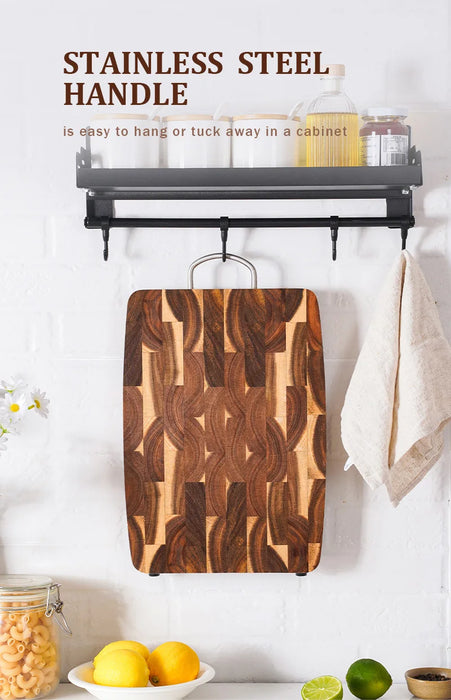 End-grain Acacia Butcher Block Cutting Board with Handle — 395×249×25 mm