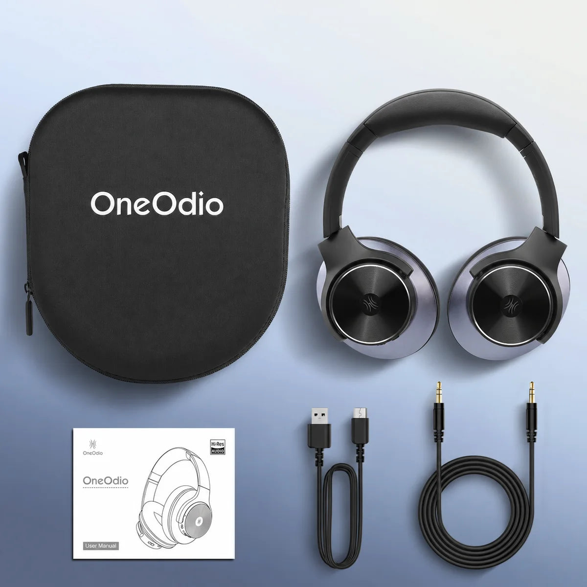 Origineel meegeleverde accessoires: koptelefoon, OneOdio EVA-draagtas, USB-C-kabel, 3,5mm-kabel en gebruikershandleiding