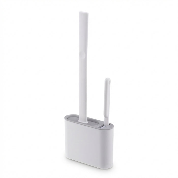 Wall-hanging Toilet Brush & Holder — Long Handle, Silicone Bristles (Grey or Blue)