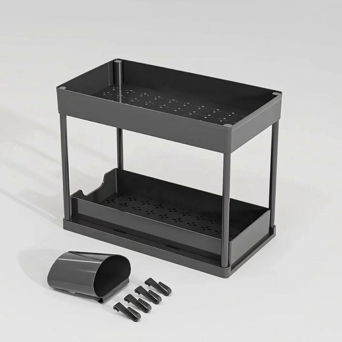 2-Tier Sliding Under-Sink Organiser – Cabinet Basket with Hooks & Hanging Cup