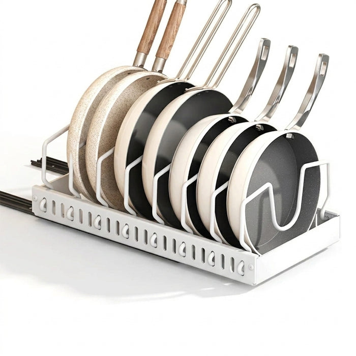 Pull-Out Pots & Pans Organiser — Sliding Lid Holder & 8-Compartment Kitchen Rack (White/Black)