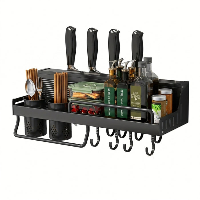40cm Wall-Mounted Hanging Spice & Pot Rack — Black Metal Kitchen Shelf with Hooks
