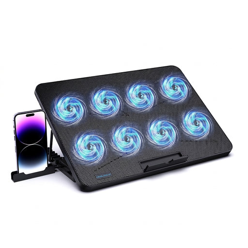 Laptop Cooling Pad with 8 Fans for 12–17 inch Laptops — 7-Height Adjustable with Phone Holder