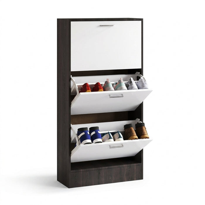 Narrow 3-Tier Flip-Top Shoe Cabinet – Walnut & White Vertical Storage