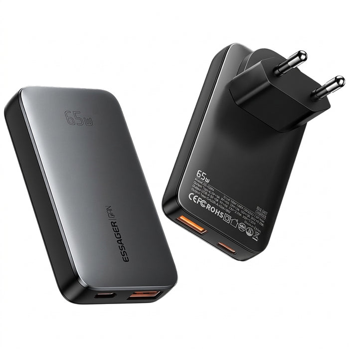 65W GaN USB‑C PD Fast Charger — USB‑A + USB‑C with QC 3.0, UK/EU/US plugs