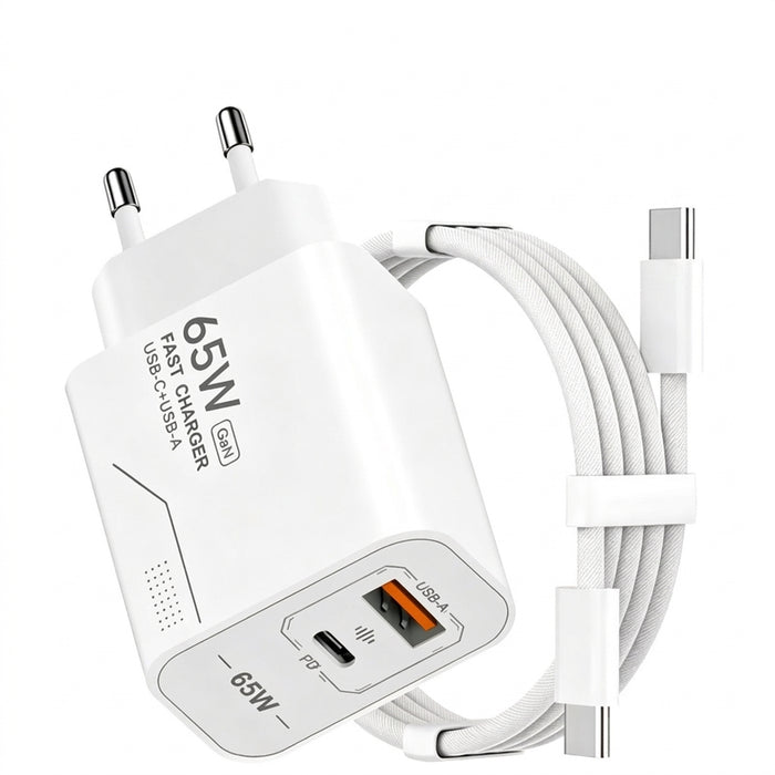65W GaN Dual-Port USB Charger — USB-C & USB-A, EU/US Plug Options