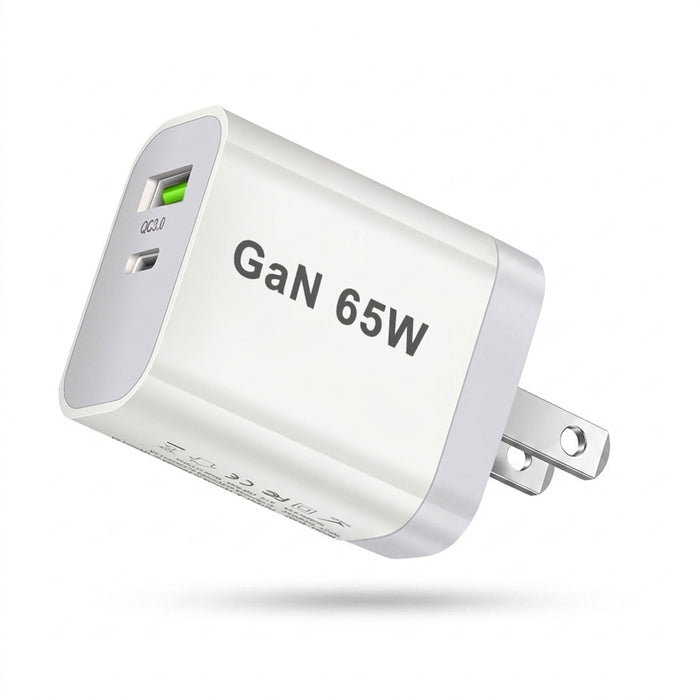 65W GaN USB‑C PD 3.0 2‑Port Wall Charger — USB‑A + USB‑C, White (UK/EU/US/AU plugs)