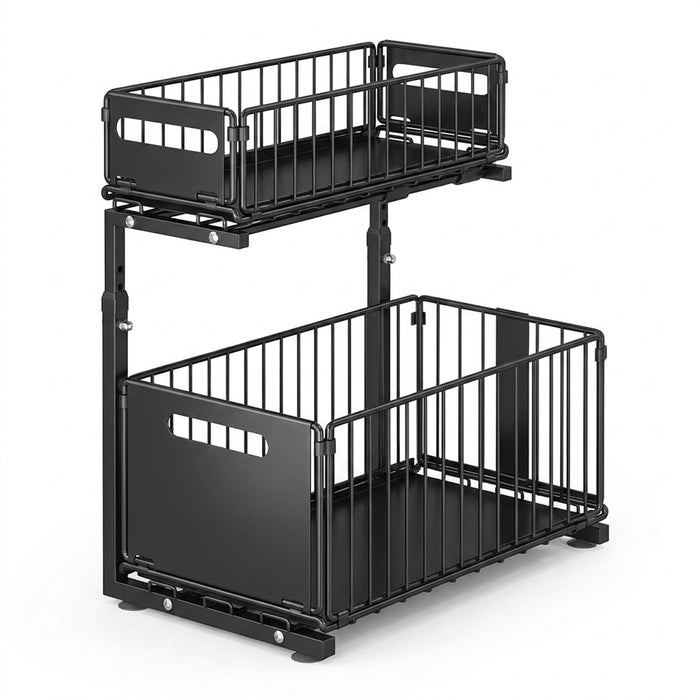 2-Tier Under-Sink Pull-Out Organiser — Adjustable Height Thickened Metal Sliding Drawers (Black or White)