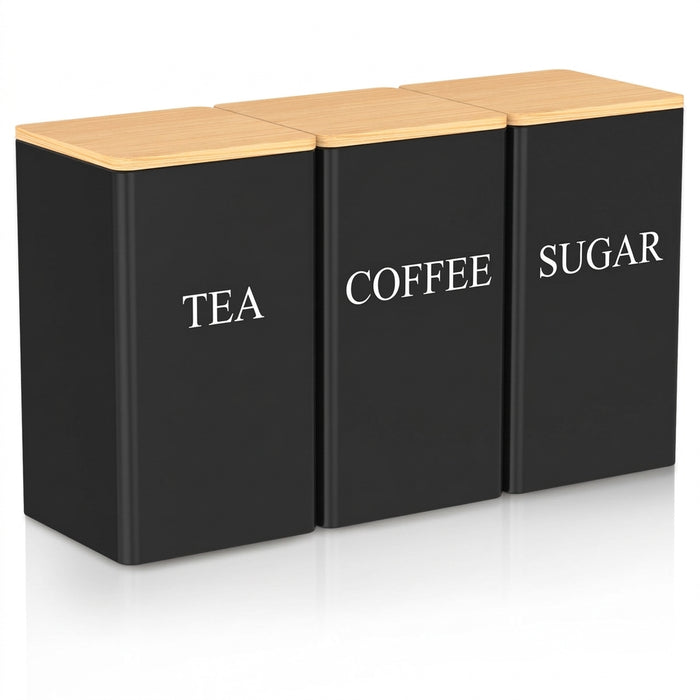 3‑Piece Coffee, Tea & Sugar Canister Set — Stainless Steel with Airtight Bamboo Lids